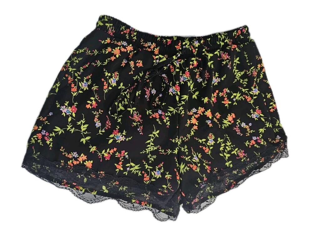 EM Shorts Womens M Black High Rise Elastic Waist Floral Print Activewear Pull On